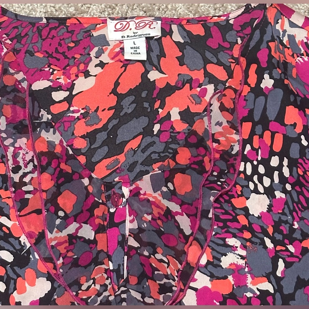 D. Rodriguez Geometric Colorful Blouse Size Large Button Up Ruffle Front - Picture 2 of 6